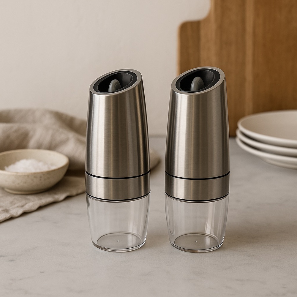 Automatic Gravity Salt & Pepper Grinders | Stainless Steel Pair | LED Light